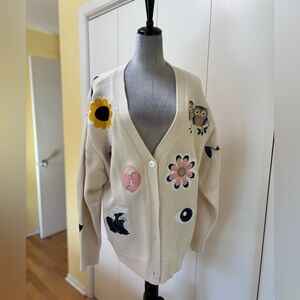 Cream Appliqué V-Neck Button Cardigan Sweater XXL Cynthia Rowley